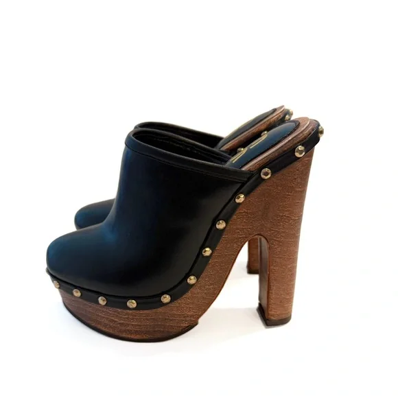FSJ Black Studded Platform Mules with Wooden Heel NWT - Picture 3 of 10
